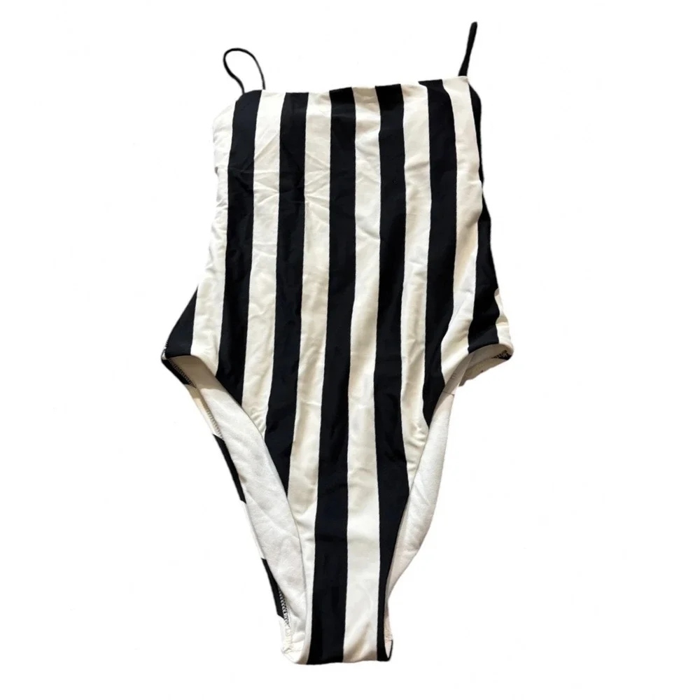 Shade & Shore Black White Striped High Leg Cheeky One Piece Swimsuit XS Size 0-2